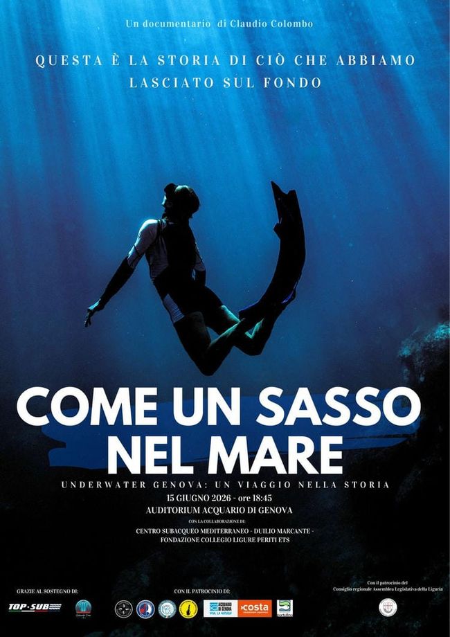 locandina presentazione documentario Come un sasso nel mare del 15 giugno 2026 presso auditorium acquario di genova