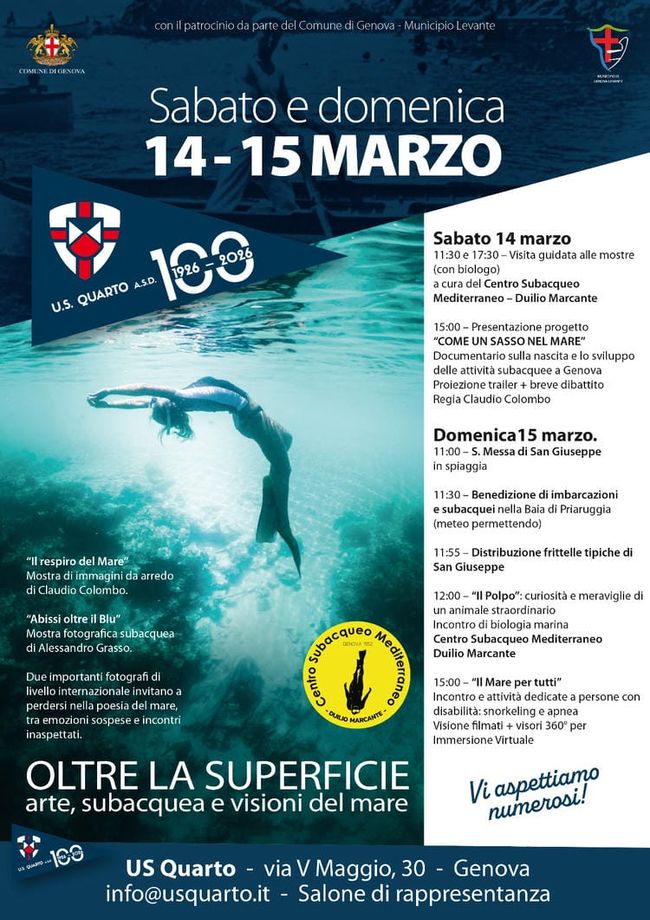 locandina incontro del 14 e 15 marzo 2026 ore 11:00 sulla fotografia subacquea, riprende una apneista che fa una capovolta sott'acqua