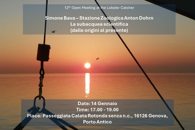 locandina incontro del 14 gennaio 2026 ore 17:00 sulla subacquea scientifica, riprende una illustrazione di una aragosta in fondo al mare