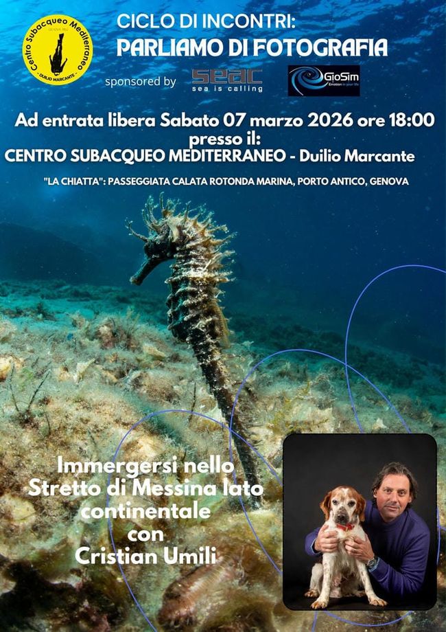 locandina incontro del 7 marzo 2026 ore 18:00 sulla fotografia subacquea, riprende un cavalluccio marino e in primo piano in una finestra la foto di Cristian Umili con il compagno cane